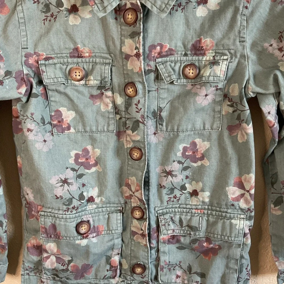 OshKosh B'Gosh Girls Green Floral 100% Cotton Denim Jacket Size 12 - Picture 2 of 5